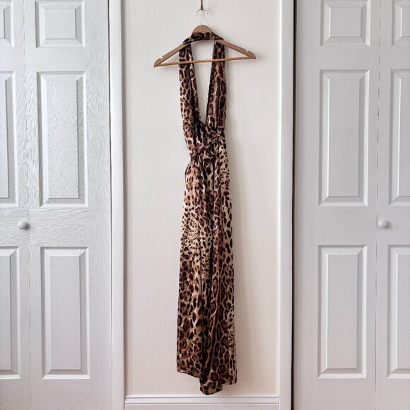 Reformation Leopard Print Plunging V Halterneck Midi Wrap Dress - Picture 6 of 8
